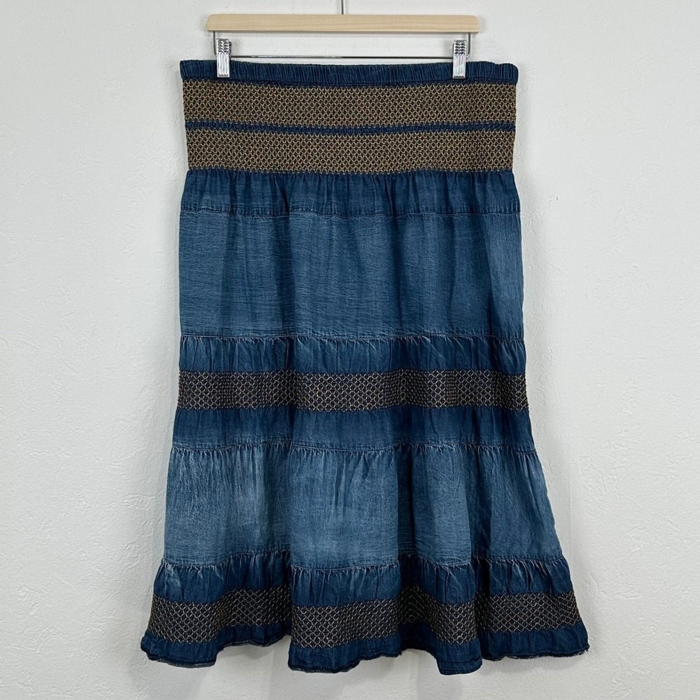 Womens Western Cowgirl Boho Maxi Skirt Sz XL Festival Tiered Smocked Chambray